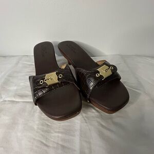 Dr. Scholl's Dark Brown Slide Sandals with Gold Buckle